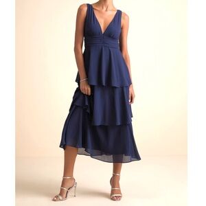 Lulus Celebration Time Navy Blue Sleeveless Tiered Midi Dress size Medium NWT